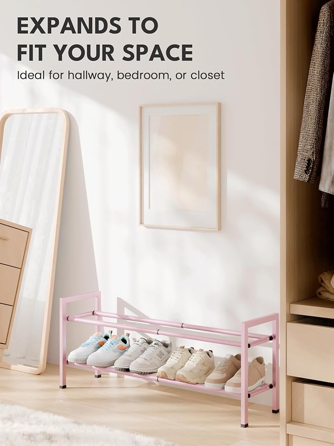 Bumusty 2-Tier Expandable Shoe Rack for Closet, 18“-33” Adjustable Shoe Rack for Small Space, Small Shoe Organizer for Front Door, Sturdy Metal, Pink
