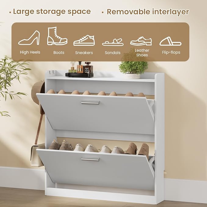 Shoe Cabinet Organizer with 2 Flip Drawers, Freestanding Shoe Rack Cabinet, 31.5" W × 6.3" D × 33.1" H Narrow Shoe Cabinet Storage for Entryway, Foyer, Hallway, White