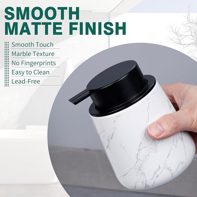 Bosilunlife 12Oz Ceramic Foam Soap Dispenser for Bathroom Kitchen Counter | Premium countertop foam pump creates delicate dense foam, stable desktop placement, Marble