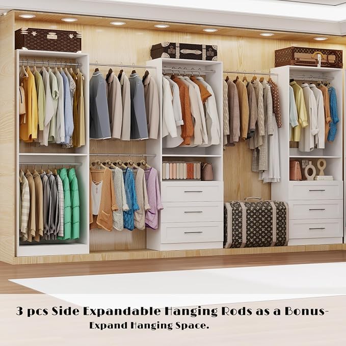 Closet System with with 6 Drawers, 6FT-15FT Closet Organizer Storage Systems with 7 Hanging Rods, Walk-in Closet Corner Closet System Modular Closet System White 3 Sets (6FT)