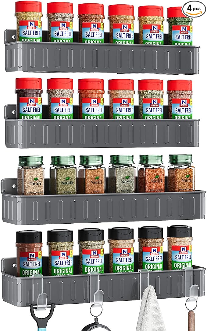 Nieifi Spice Rack Wall Mount, 4 Pack, Grey, 2 Inch Depth, Screw or Adhesive Installation, Spice Rack Organizer for Small Spice Jars, Suitable for Kitchen Cabinet or Pantry Door