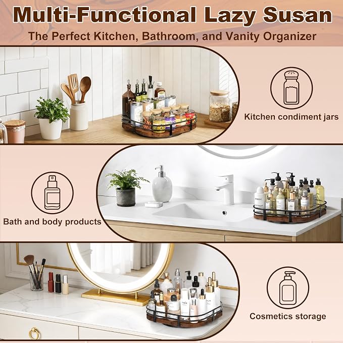 12" Large Lazy Susan Turntable Organizer - Rotating Spice Rack for Table Top, Wood Spice Cabinet Organizer for Pantry Kitchen Countertop Coffee Bar Cupboard Bathroom Vanity Storage