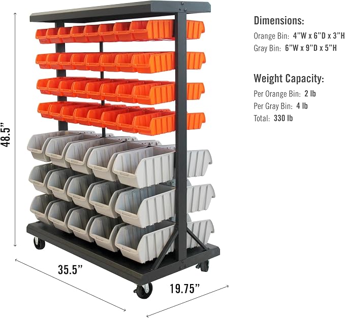 TRINITY Rolling Storage Bin Rack & Parts Organizer, 7-Tier Dual-Sided Bin Cart Shelving for Shop Storage, Nut and Bolt Organizer, Garage, Warehouse, Tools & Hardware, 330Lb Max, With Wheels, Black