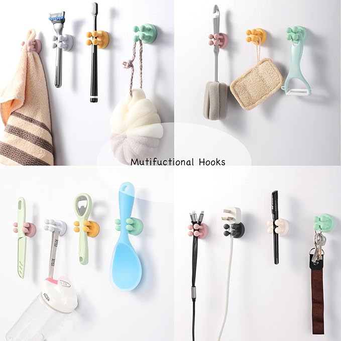 iBetterLife 4Pcs Self-adhesive Hooks Holders - Mounted to Wall Mirror for Clipping & Hanging Toothbrush Razor Towel Key Plug Cable, Utility Holder for Kitchen Bathroom Home Office Dorm Room Essentials