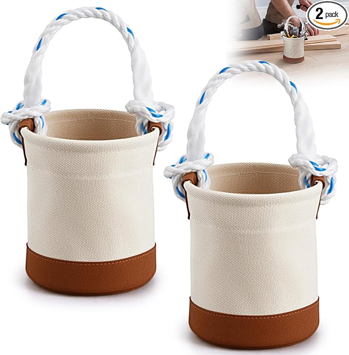 2 Pcs Mini Tool Buckets 6" x 4.5", All-Purpose Tool Bucket with Leather-Bottom, Nuts and Bolt Bag with Reinforced Rope Handle, Small Utility Pouch for Carrying Nails Bolts Small Supplies