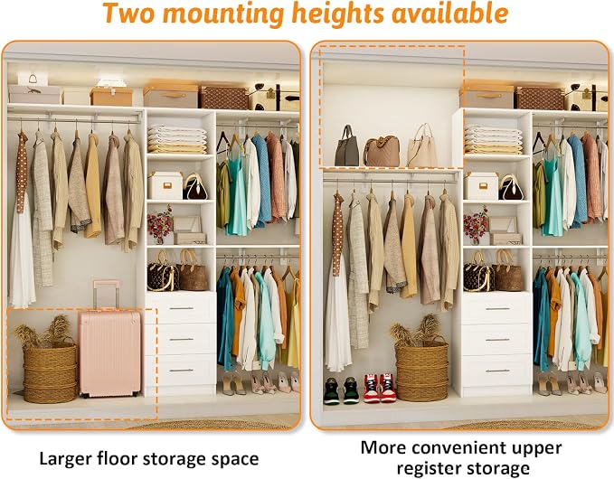Closet System with Drawers, 5FT-8FT Closet Organizer System with Shelves & Adjustable Hanging Rods, 91.3" Walk in Closet System Storage Wood, White