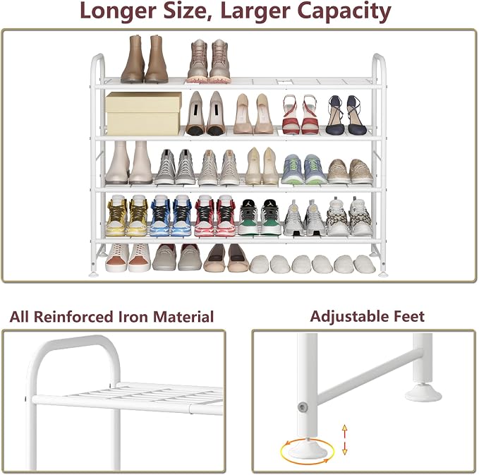 LINZINAR 4 Tier Long Shoe Rack for Closet Metal Shoe Organizer for Entryway | Spacious design stores 25+ pairs of shoes,durable metal frame,space-saving organizer for closet, hallway, and Entryway White