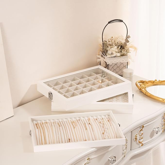 Lolalet Jewelry Organizer Tray with Lid, 35 Grids Velvet Earring Organizer Holder Storage Box for Drawer -Beige