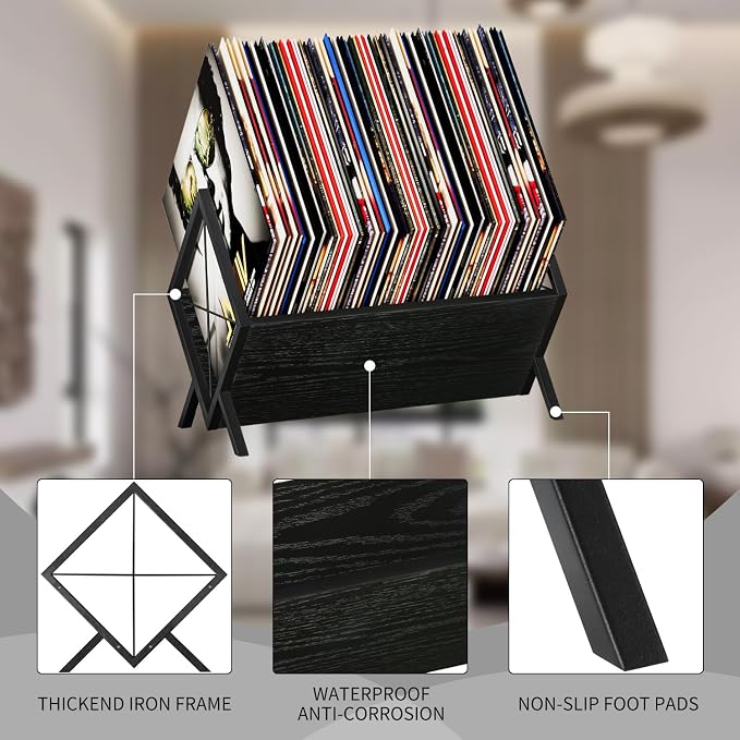 YINMIT Vinyl Record Holder - 80-100 LP Vinyl Record Storage Rack, Quick Assembly Display, Retro Style Organizer for Magazine, Book, Files, Albums (Black, 1 Tier)