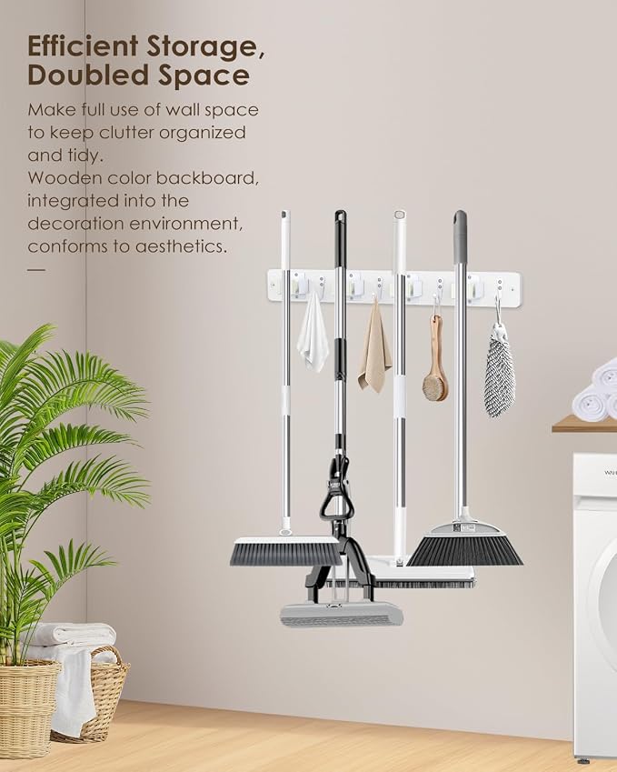 AceMining White Broom Holder Wall Mount, 4 Holders 4 Hooks Mop Holder | Mop Holder Wall Mount and Broom Hanger for Garage, Laundry Room, Kitchen and Utility Storage