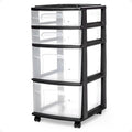 HOMZ Drawer Tower, 4-Tier Clear Plastic Storage Organizer Cart, Black Frame - Rolling Drawers with Wheels for Desk, Dresser, Cabinet, Bedroom, Bathroom, Closet, Classroom, and Office Organization