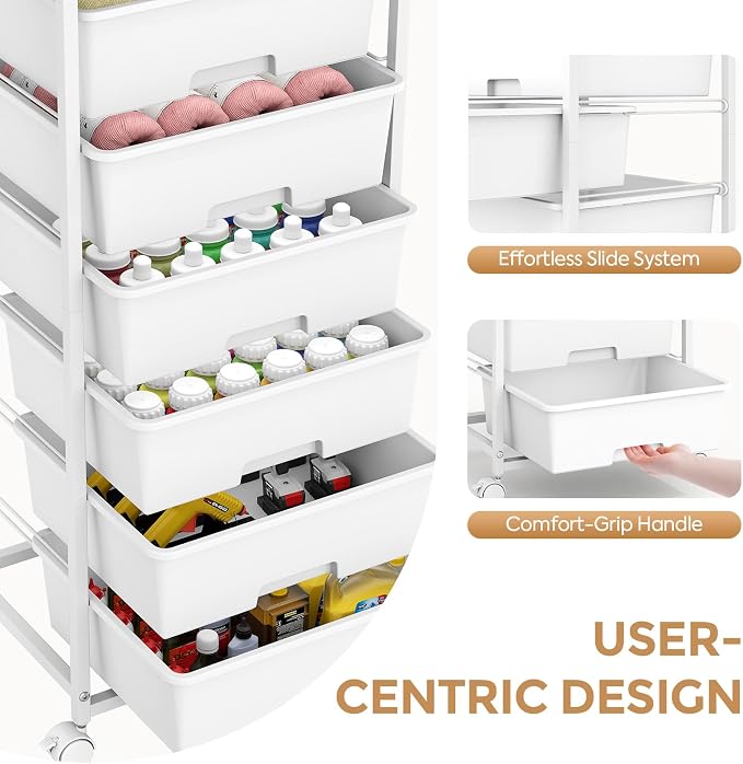 6 Drawer Rolling Storage Cart with Wooden Top and Wheels for Crafts,White | Easy Setup, Large Capacity, Sturdy Build, Lockable Mobility, For office, classroom and art studio supplies