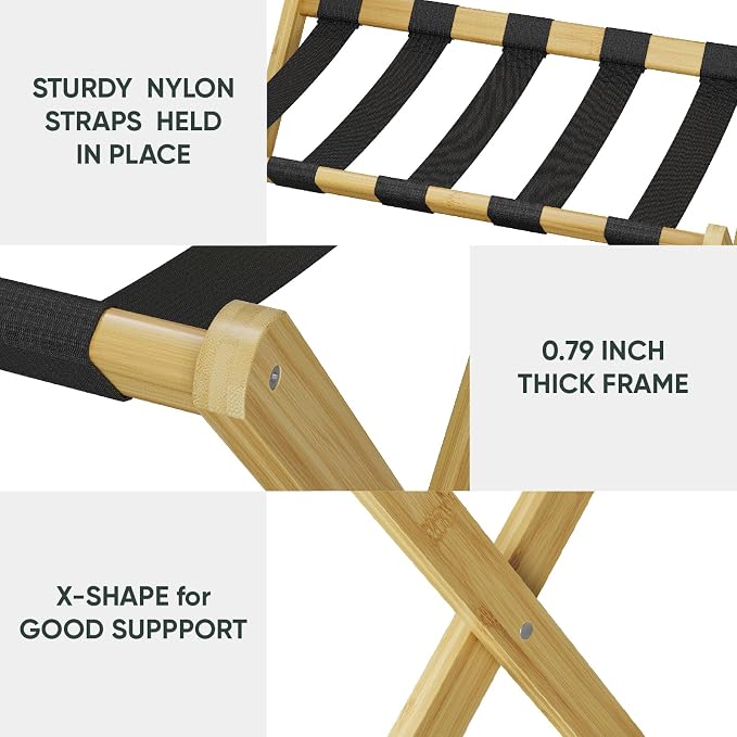Smart FENDEE Luggage Rack, Folding Luggage Rack for Guest Room, Bamboo Suitcase Stand Holds up to 131 lb, Luggage Stand with Storage Shelf for Hotel, Bedroom (1 Pack)