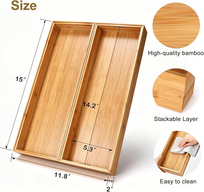 Bamboo Drawer Organizer Set of 2 for Kitchen Drawers, Large Stackable Drawer Organizer for Silverware, Utensils, Cutlery, Flatware, Junk Drawer, Dresser, Bathroom, 15" x 6" x 2"