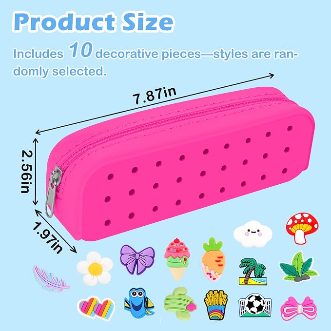 BestStone Silicone Small Pencil Pouch – Small Pencil Case with DIY Holes and 10 Decorative Charms, Multipurpose Makeup Bag or Stationery Organizer, Large Capacity(Hot Pink)