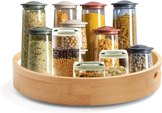 12in Bamboo Lazy Susan Turntable Organizer for Pantry,Table Top&Cabinet- with High Rim Anti-Fall,Spinner Tray for Kitchen | Rotating Organizer for Jar,Container,Can&Spice