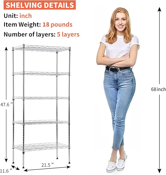 5-Tier Shelving Unit Adjustable Metal Shelves 48" H Storage Rack Wire Shelf for Pantry Kitchen Closet Organization Space Saving, 750LB Capacity, 11.6" D x 21.5" W x 47.6" H, Chrome