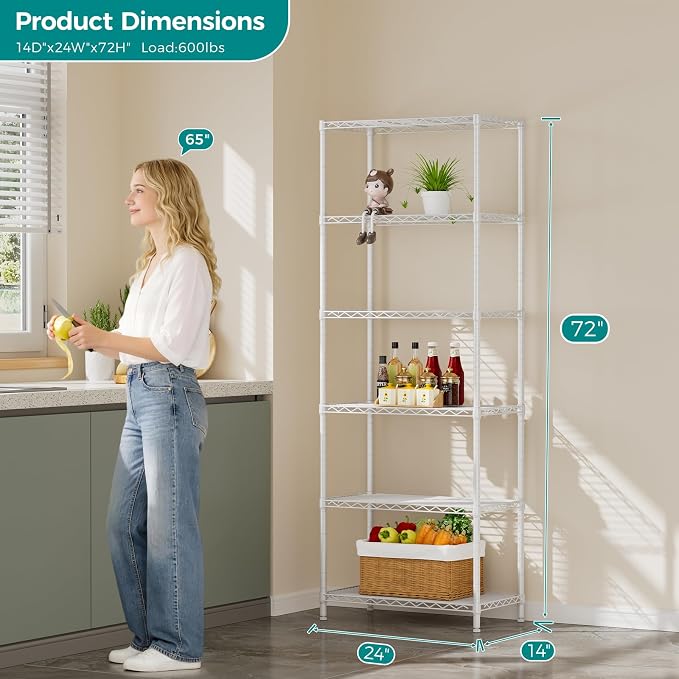 SINGAYE 6 Metal Shelves Wire Shelving Storage Shelf Adjustable Unit Pantry | 6 Tier Kitchen Laundry Room Organization Home Pantry Closet Bathroom Organizers Garage Rack 14" D x 24" W x 72" H White
