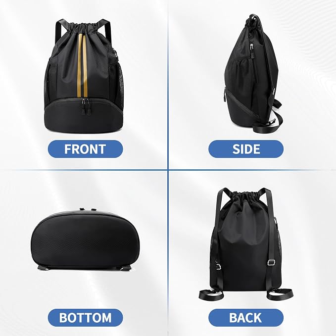 JELUTAR Drawstring Backpack Gym Bag with Shoes Pocket, Black Gold | Water-Resistant String Backpack for Soccer, Basketball, Swim, Beach Cinch for Women Men, 22 L Large Capacity, Wet Pocket