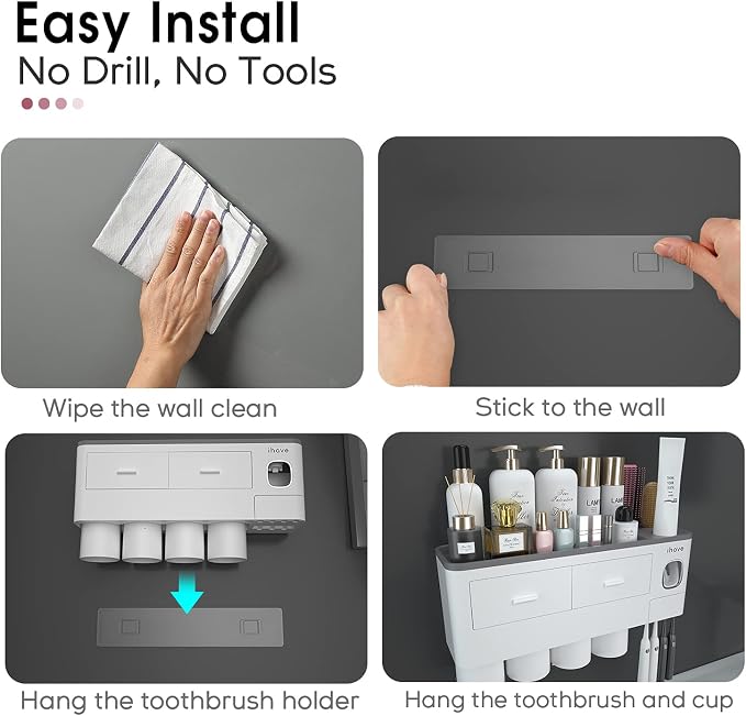 iHave Toothbrush Holders Wall Mounted with Toothpaste Dispenser & 4 Cups | All-in-One Bathroom Organizer: 4 Cups, 7 Slots, Toothpaste Dispenser, Large Tray & Drawer. Wall Mount, No Drilling Required