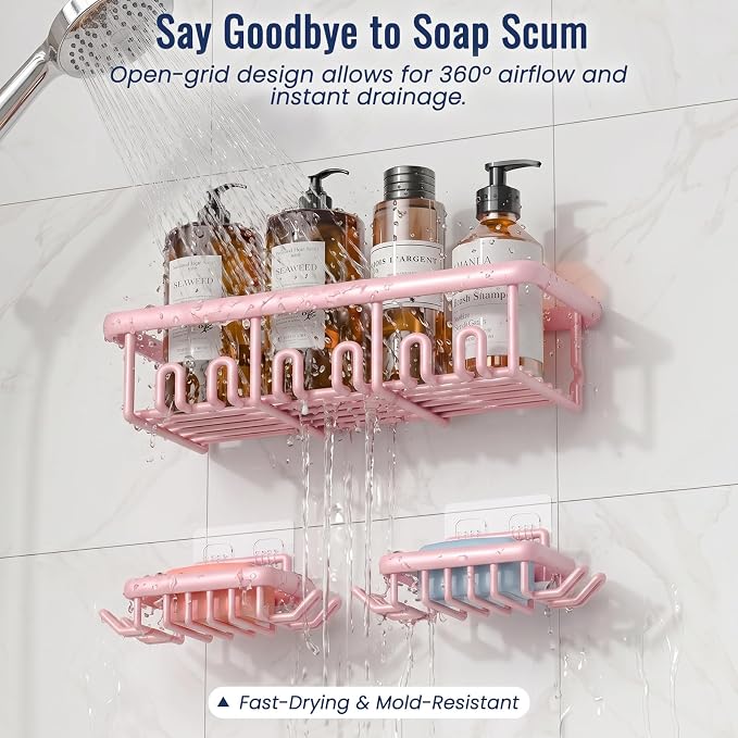 8 Pack Adhesive Rustproof Shower Caddy with Soap Dishes, Toothbrush Holder & Hooks, Large Capacity No-Drilling Shower Shelves Rack for Bathroom Organizers and Storage Accessories, Pink