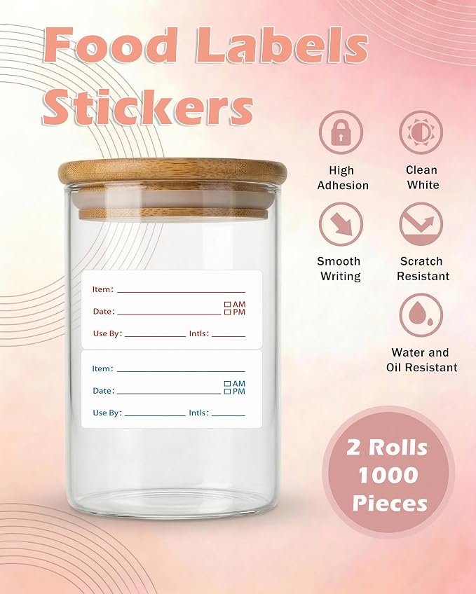 2 Rolls Removable Freezer Food Labels, 1x2 Meal Prep Date Stickers | 1000 writable 1x2" labels (blue/red). Strong freezer-safe adhesive removes cleanly with zero residue. Ideal for meal prep
