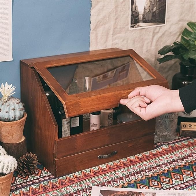 Solid Wood Desktop Storage Box Bedroom Dresser Skin Care Product Wooden Storage Drawer Retro Style Perfume Dustproof Cabinet