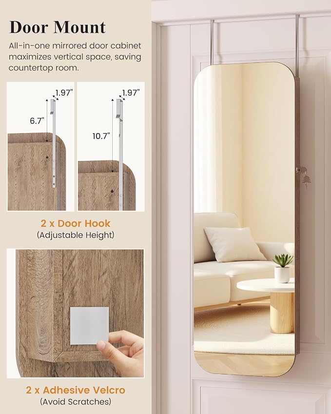 LVSOMT 6 LEDs Mirror Jewelry Cabinet Door Hanging, 42.5", Lockable, Brown | Jewelry Organizer with Full Length Mirror, Wall Mounted Large Jewelry Storage for Earrings, Rings, Necklaces