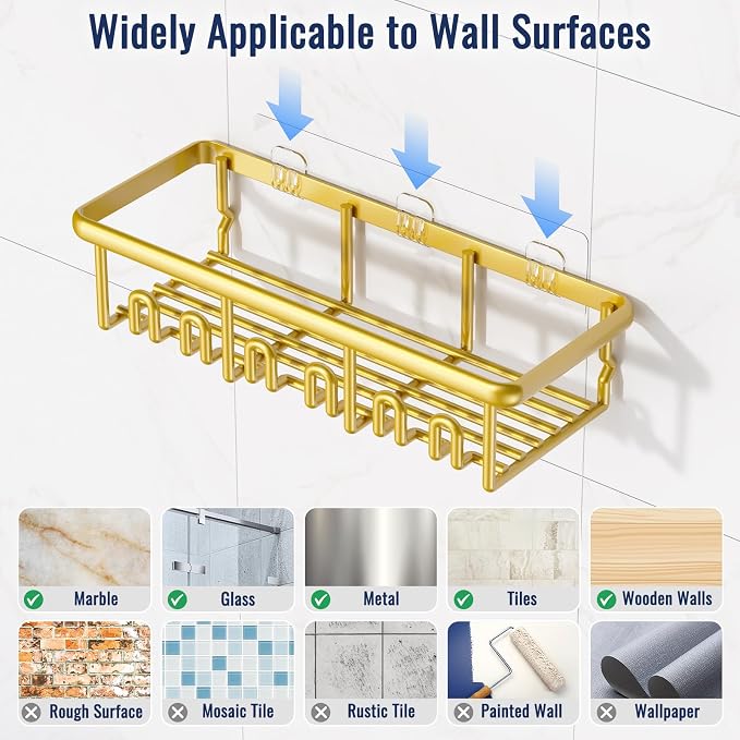 8 Pack Adhesive Rustproof Shower Caddy with Soap Dishes, Toothbrush Holder & Hooks, Large Capacity No-Drilling Shower Shelves Rack for Bathroom Organizers and Storage Accessories, Gold