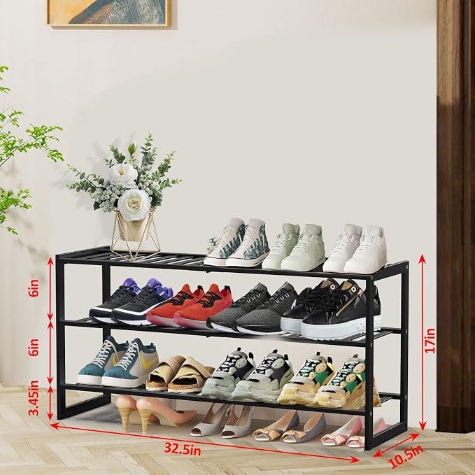 Jripae 3 Tier 32.5inch Long Bamboo Shoe Rack for Entryway Closet Garage | 3 Tier Stackable Shoe Shelf Holder for Men/Women Hallway/Berdroom, Bookshelf, Flower Rack, Home Space Saving