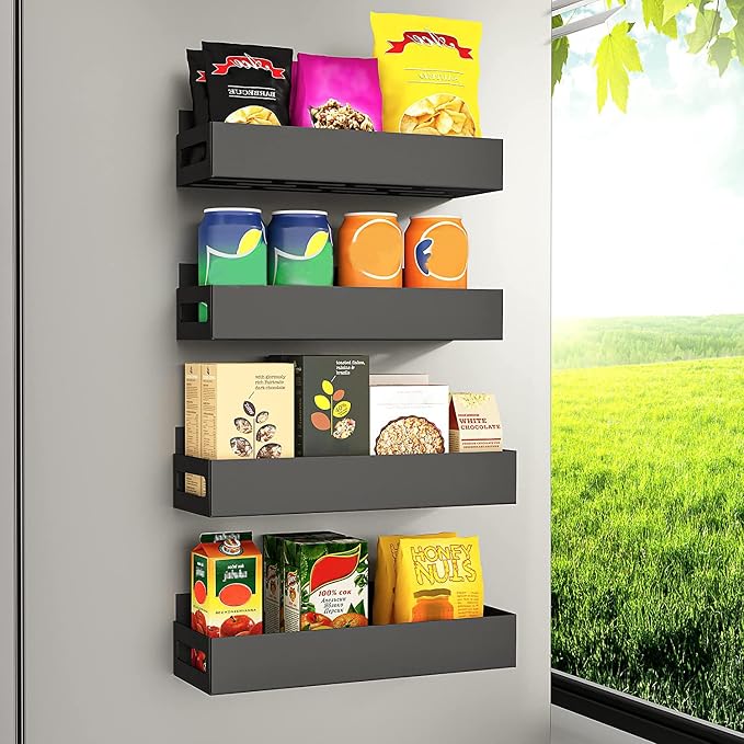 Magnetic Spice Rack Organizer For Refrigerator, Magnetic Shelf For Refrigerator And Microwave Oven, Metal Kitchen Organizer For Space Saver (4 Pack Black)