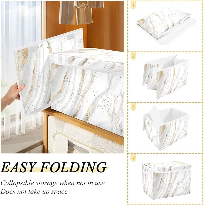 CaTaKu Large Fabric Storage Bins With Lids, Gold White Marble Storage Boxes With Handles for Organizing Clothes, Collapsible Storage Cube Bins Baskets for Shelves
