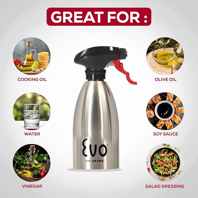 Evo Oil Sprayer 18/8 Stainless Steel, Non-Aerosol for Olive, Cooking Oils, and Vinegars, Silver, 16-Ounce Capacity