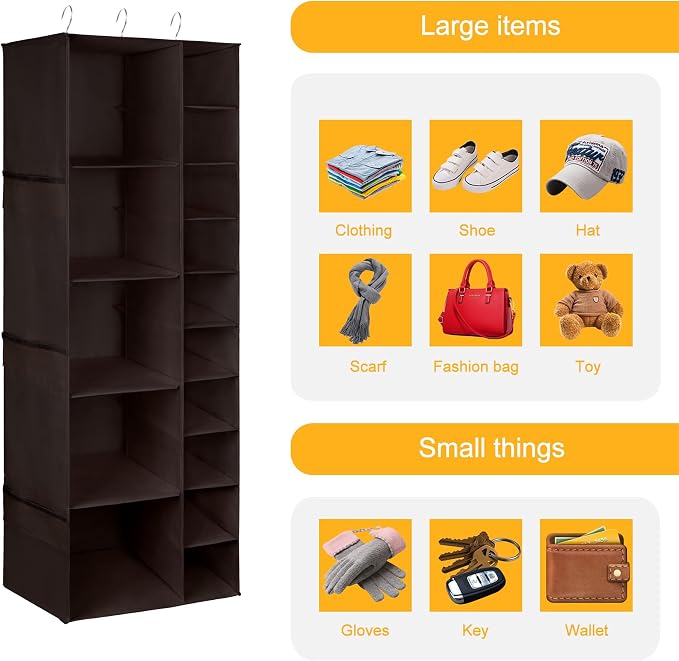 Libeder Shoe Organizer for Closet, 15 Shelf Hanging Closet Storage Shelves - 10 Shoe Rack Organizer and 5 Compartment for Clothes with 6 Side Mesh Pockets for Scarf, Socks,Gloves, Coffee