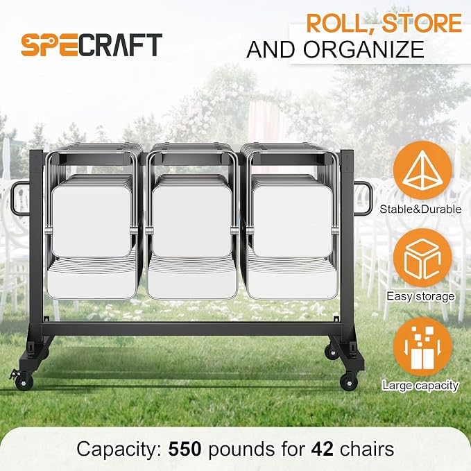 Specraft Folding Chair Rack and Table Cart for 12 Tables or 42 Chairs, 550 lbs Capacity, PU Wheels, Dust Cover, Elastic Cords, Black