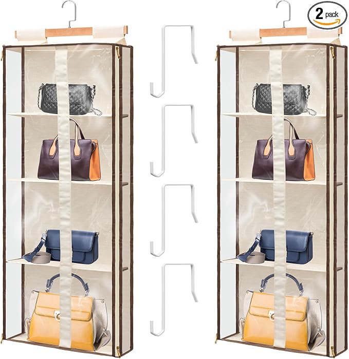 Silkfly 2 Pack Hanging Purse Organizer for Closet Clear Handbag Storage Hanger with Zipper Holder over The Door Wardrobe Tote Bag Storage Holder for Bedrooms Living Room
