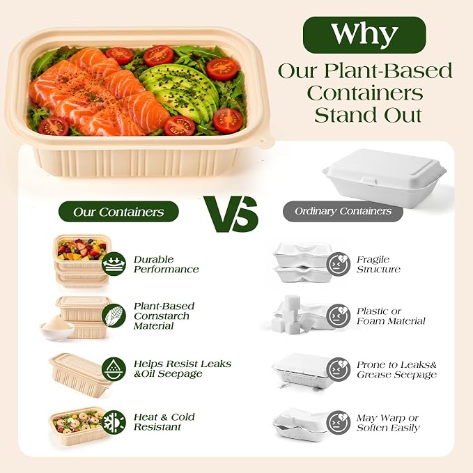 50 Pack (100 Piece) Food Containers with Lids, 22oz Meal Prep Containers Reusable Plant-based Cornstarch Lunch Box BPA Free Small Disposable Take Out Togo Boxes for Salad Microwave & Freezer Safe