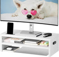 BONTEC Wood Monitor Stand Riser, 2-Tier Desktop Organizer with Storage, Ergonomic Computer Stand for Desk, Cable Management, Cellphone Holder, 21.3 Inch Shelf, White