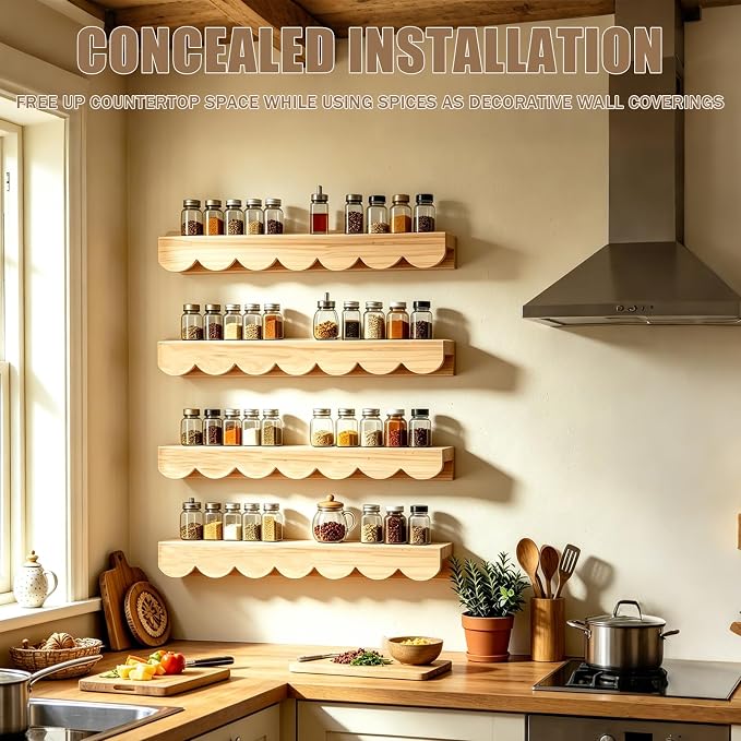 4 Tiers Spice Rack Wall Mounted, Scalloped Kitchen Storage Village Style Display Shelf, Vintage Spice Jar for Living Room, Bedroom, Shelf Only, 15.75 x 4.72 x 1.9 Inches