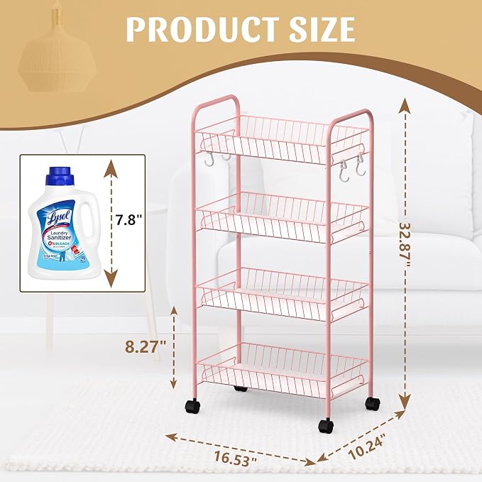 PLKOW 4-Tier Rolling Utility Cart with Detachable Baskets, Pink | 4-tier steel cart with detachable baskets, anti-fall pads, hooks, and 360° wheels for compact home storage
