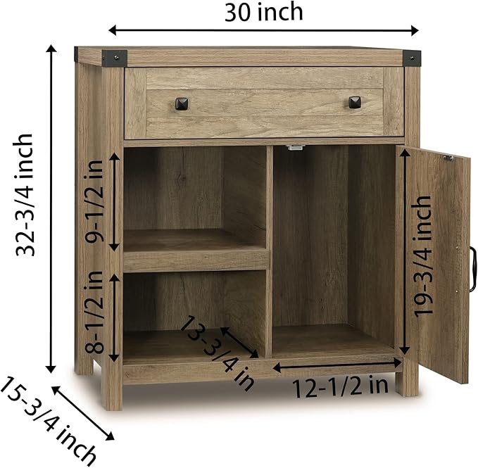 CONSDAN Storage Cabinet, Multifunction Accent Cabinet, Modern Storage Shelving Cabinet, 2-Tier Shelving Organizer & Top Drawer, Grey