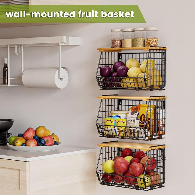 Wire Fruit Basket for Kitchen Storage: Hanging and Counter Basket for Vegetable Produce - Potato and Onion Storage for Pantry 3 Pack