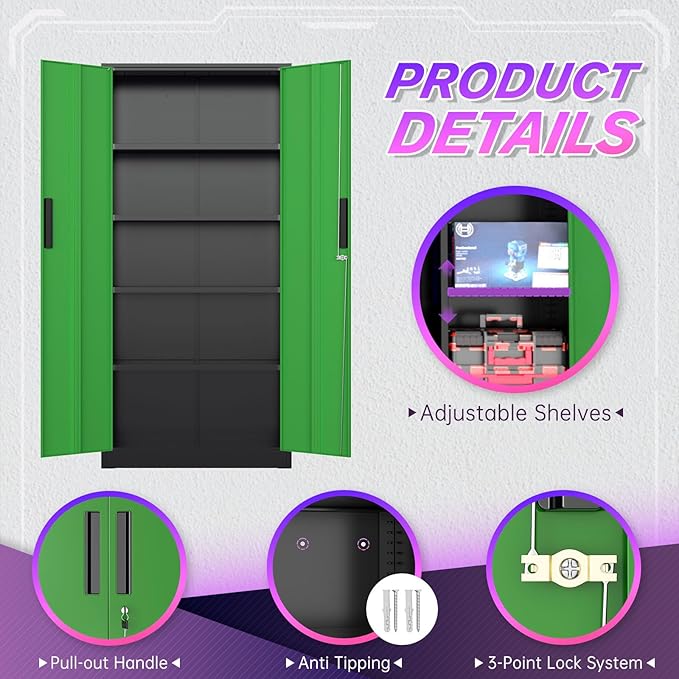 Superday Metal Storage Cabinets, 71" Storage Cabinet with Locking Door, Tall Garage Cabinet with 2 Doors and 4 Adjustable Shelves for Home Office, Classroom, Easy Assemble(Black Green)