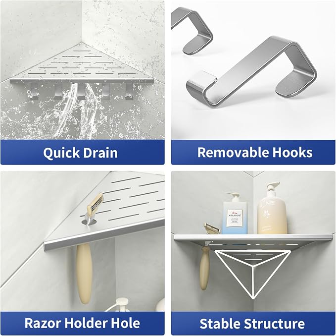 10'' Corner Shower Shelf | 304 Stainless Steel Shelves for Bathroom, Grout in Shelf with Hooks for Tiled Wall (Brushed)