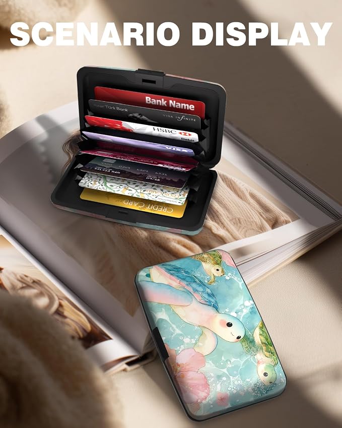 Maicican Credit Card Holder, Mini RFID Blocking Aluminum Wallet | Slim Metal Hard Case Travel Wallet ID Case for Women and Men, 4.3 x 2.9 Inches, Flowers and Turtle