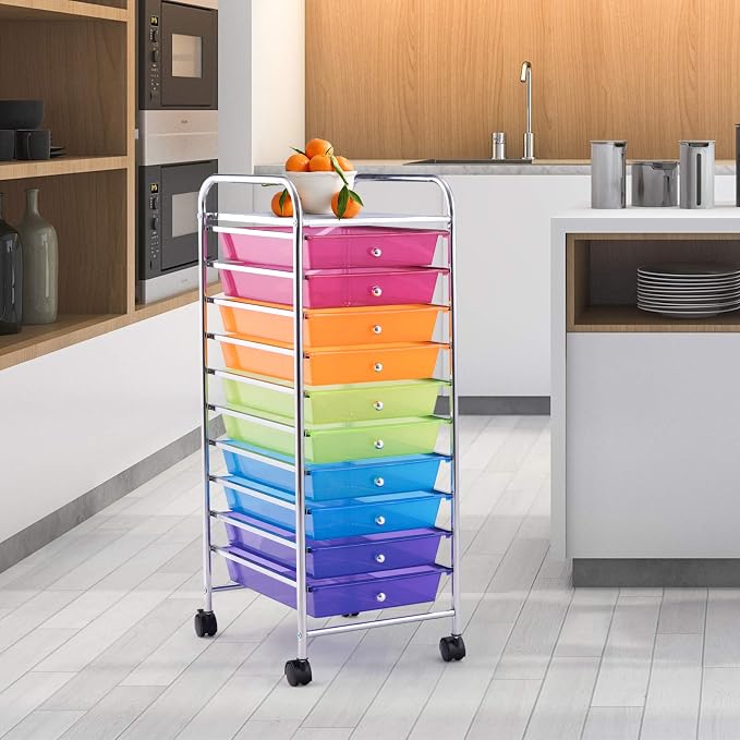 Happygrill 10-Drawer Storage Cart, Utility Cart with Removable Drawers & Metal Frame, Rolling Storage Cart with Lockable Wheels for Home, Office, Rainbow