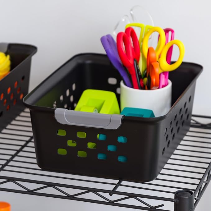 IRIS USA 12-Pack, Small Plastic Storage Basket, Black | Organize pantry items, office supplies, crafts, accessories, and household essentials with easy-carry storage for shelves