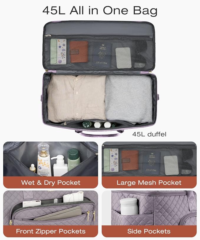 Travel Duffle Bag, Wide Open Large Weekender Bag for Women with Shoe Compartment, Carry on Overnight Bags with Toiletry Bag, Hospital Bag for Women Labor Delivery with Wet Pocket (Purple Grey)