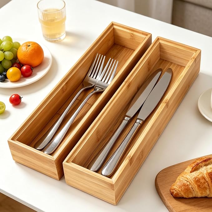 Kitchen Bamboo Drawer Organizer Set of 2, Small Narrow Stackable Drawer Organizer for Silverware, Utensils, Cutlery, Flatware, Junk Drawer, Dresser, Bathroom, 12" x 3" x 2"