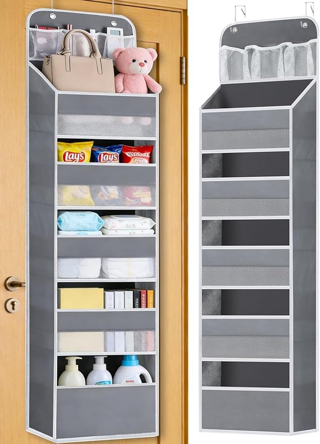 Over the Door Organizers - 5 Tier Hanging Door Storage with 5 Spacious Pockets, Anti -Tilt 44 lb Load Behind Door Organizer for Bedroom,Nursery,Bathroom,Kitchen,Dorm,Pantry - 1 Pack,Grey